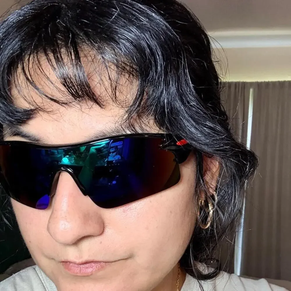 Black wraparound shield sunglasses Y2k cybercore sporty futuristic festival